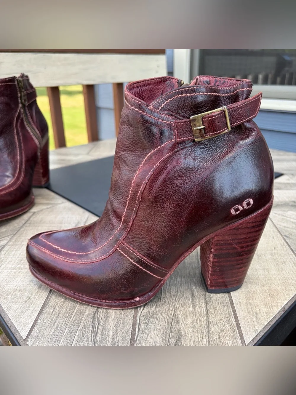 BED STU Isla Burgundy Leather Ankle Boots Women Sz 9.5 Heeled Buckle Cobbler